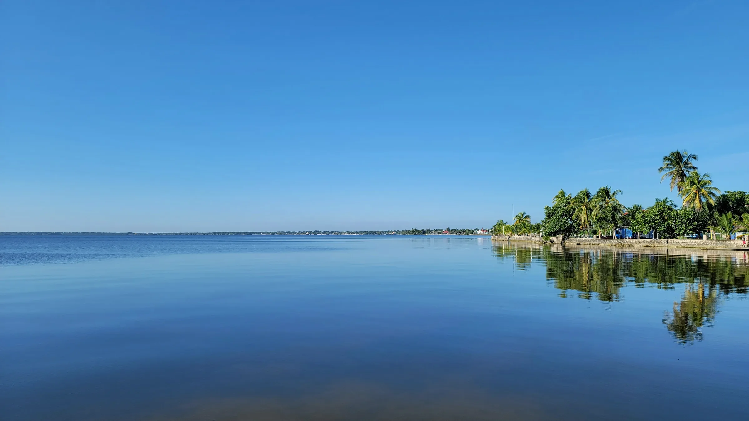 Palm-lined shore reflected in the calm waters of Corozal.