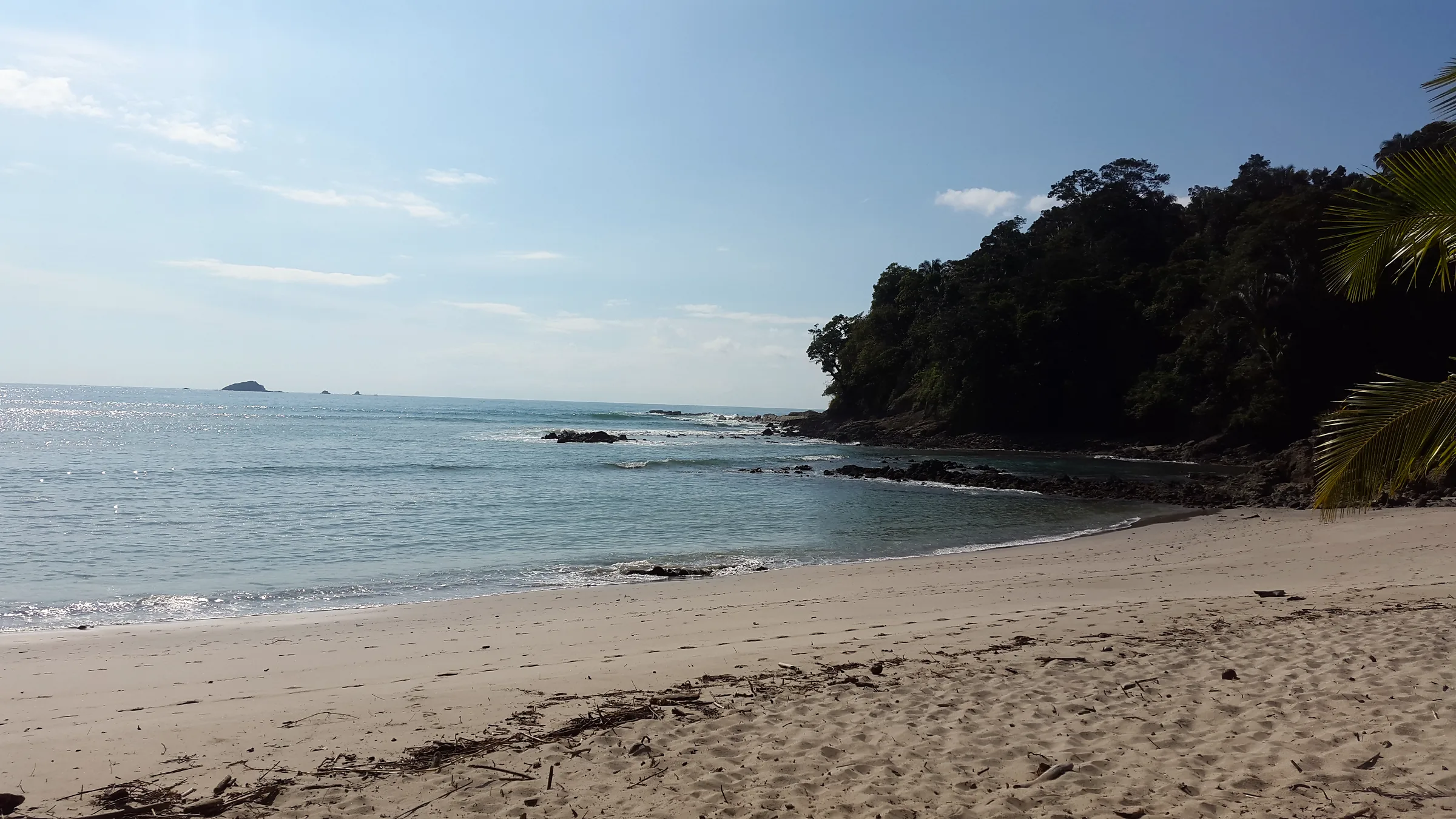 Sandy beach beside the sea and a wooded headland in Manuel Antonio.