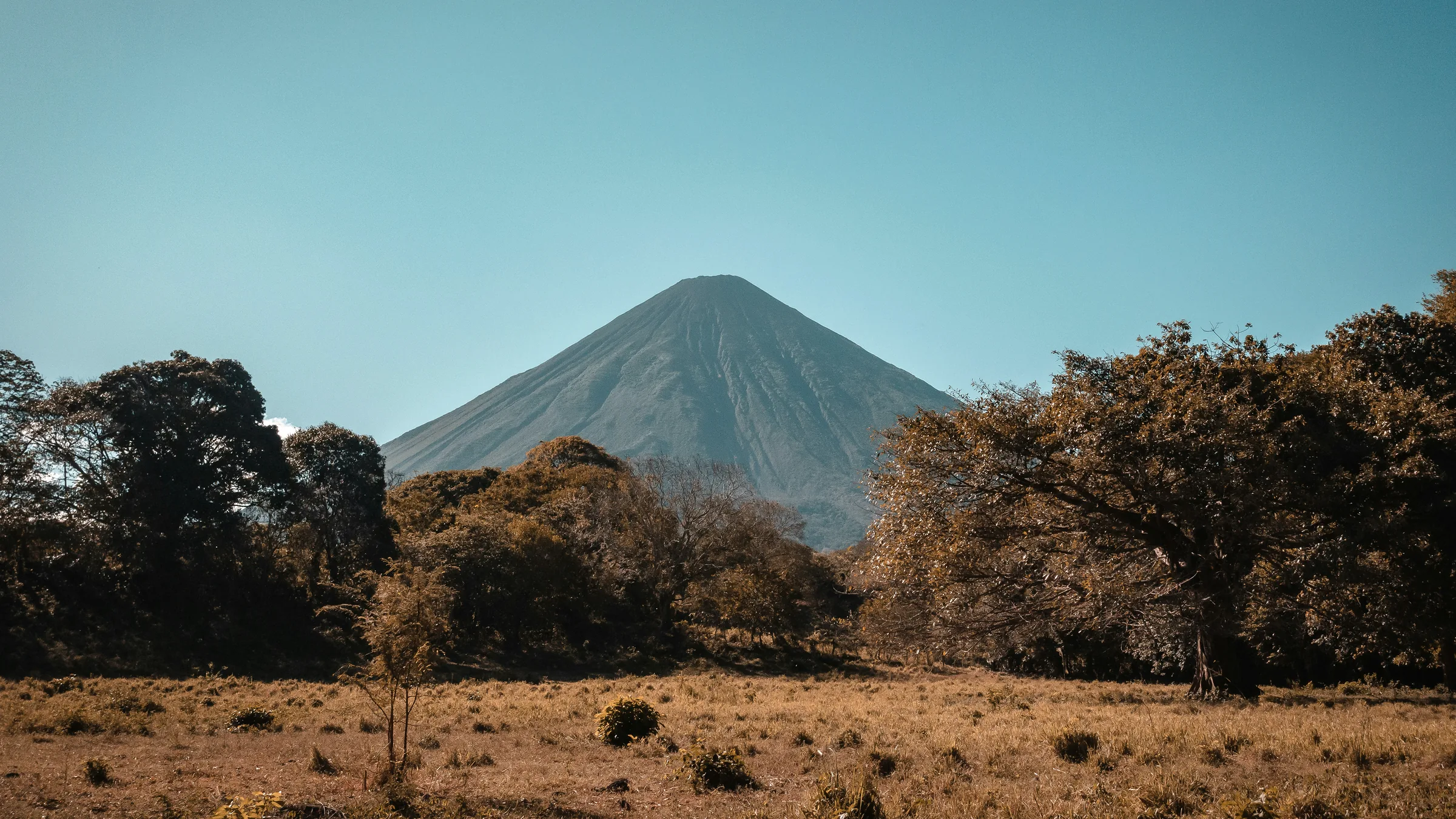 Volcanic cone behind trees and dry ground on Ometepe.