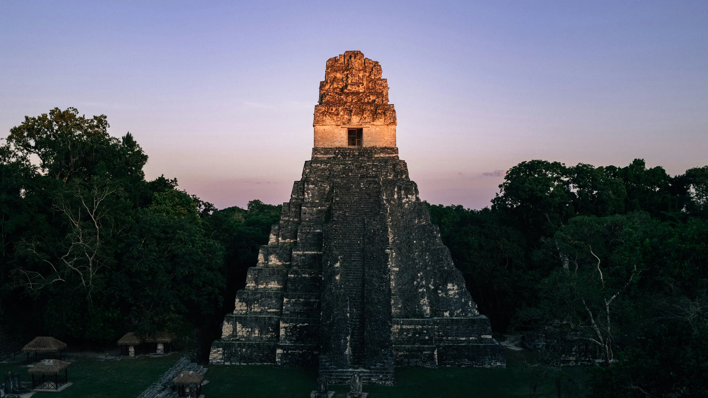 Maya stone temple rising above the forest at Tikal.