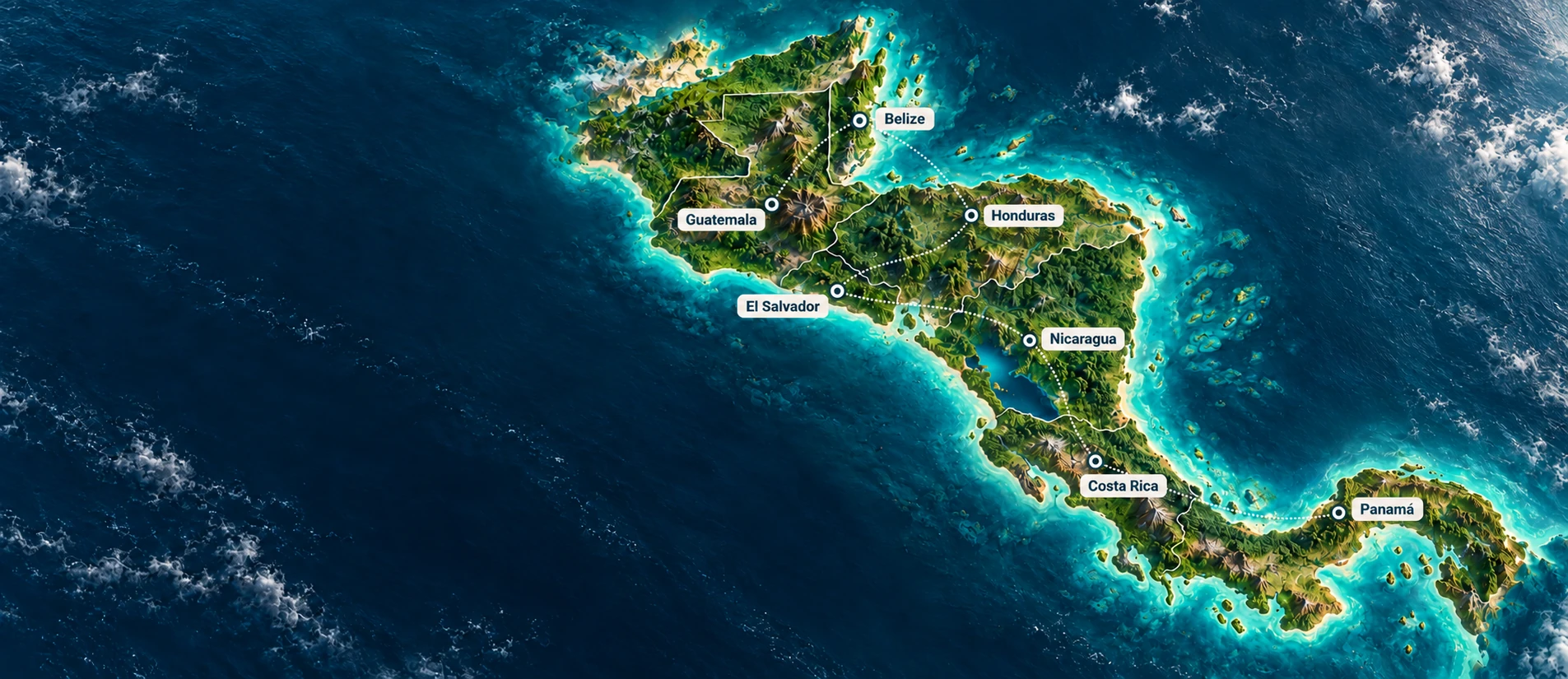 Illustrated relief map of Central America with Guatemala, Belize, Honduras, El Salvador, Nicaragua, Costa Rica and Panama.