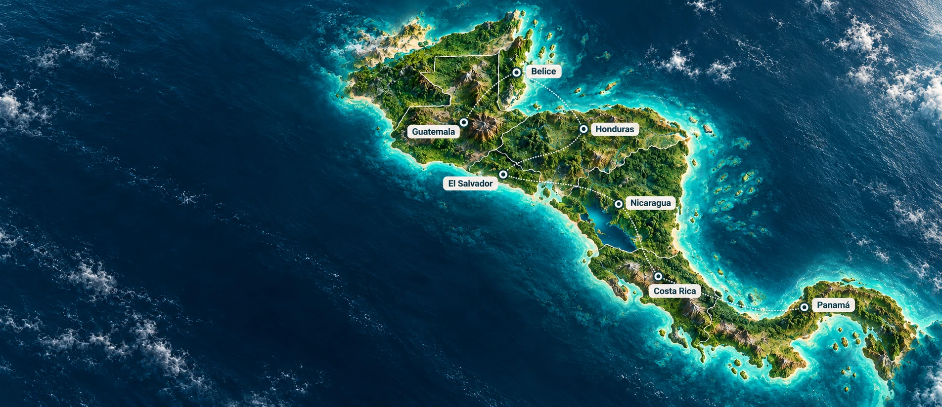 Mapa ilustrado en relieve de Centroamérica con Guatemala, Belice, Honduras, El Salvador, Nicaragua, Costa Rica y Panamá.
