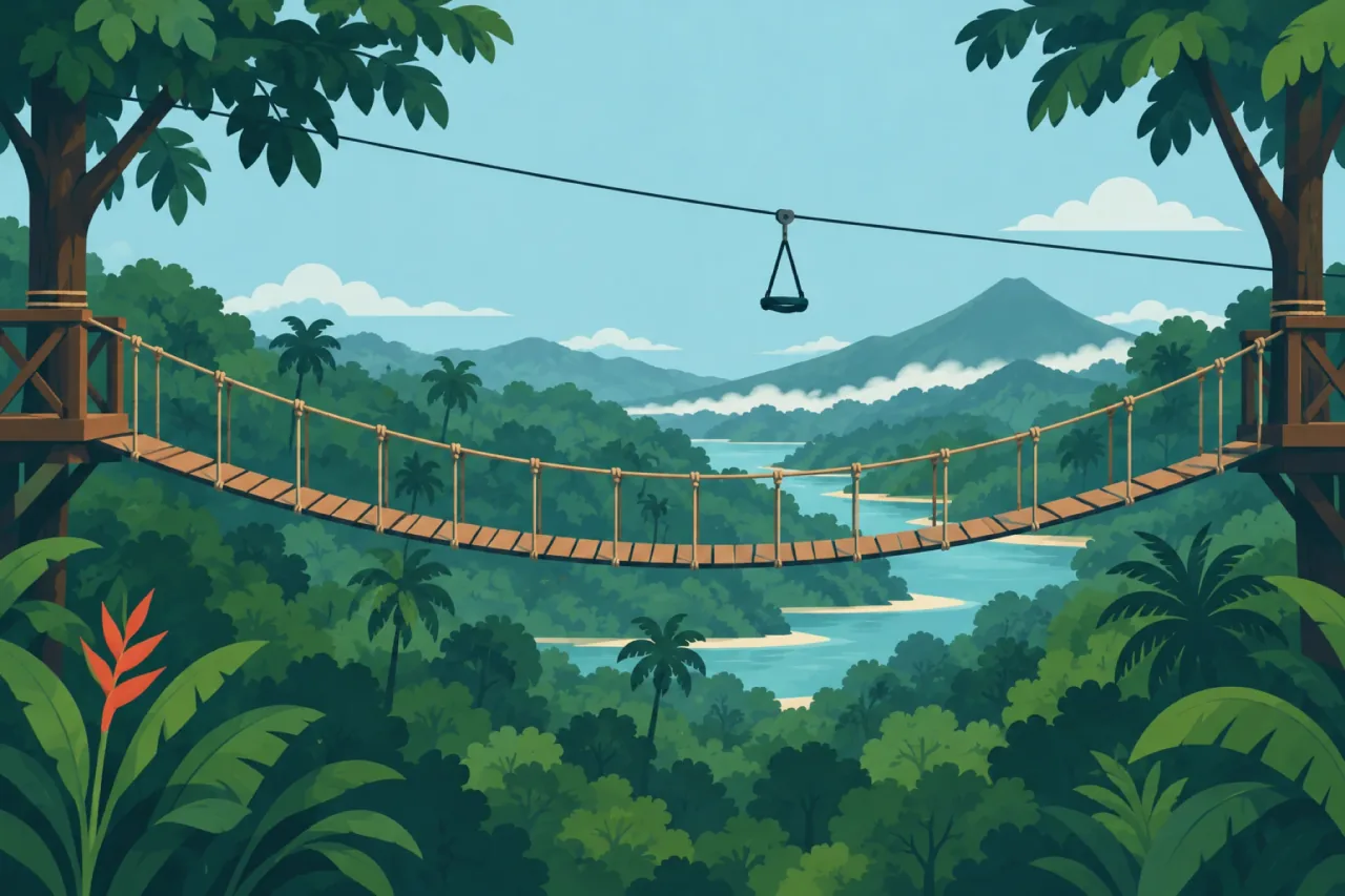 Illustration of a hanging bridge and a zip line