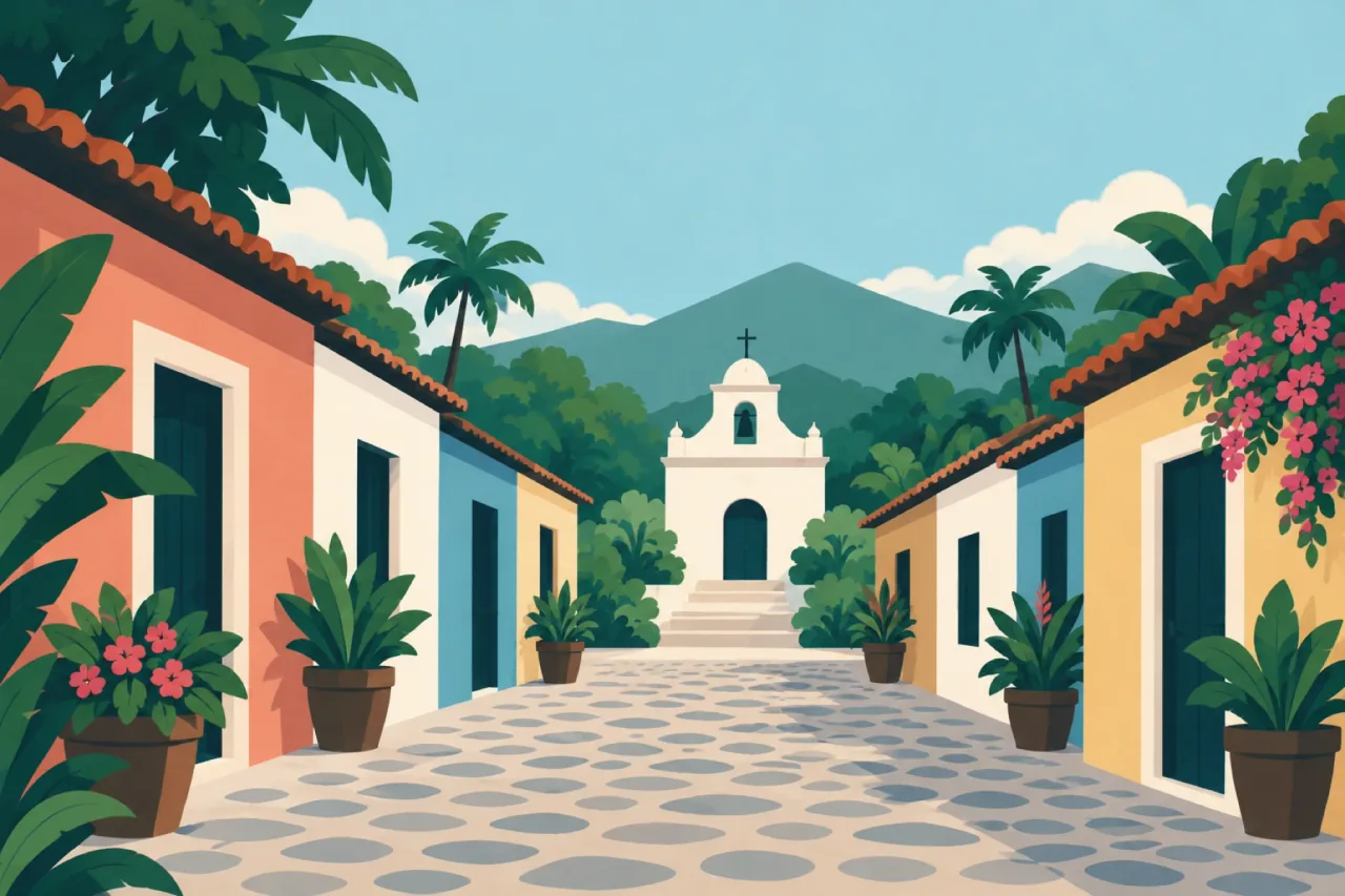 Illustration of a colonial street with a church