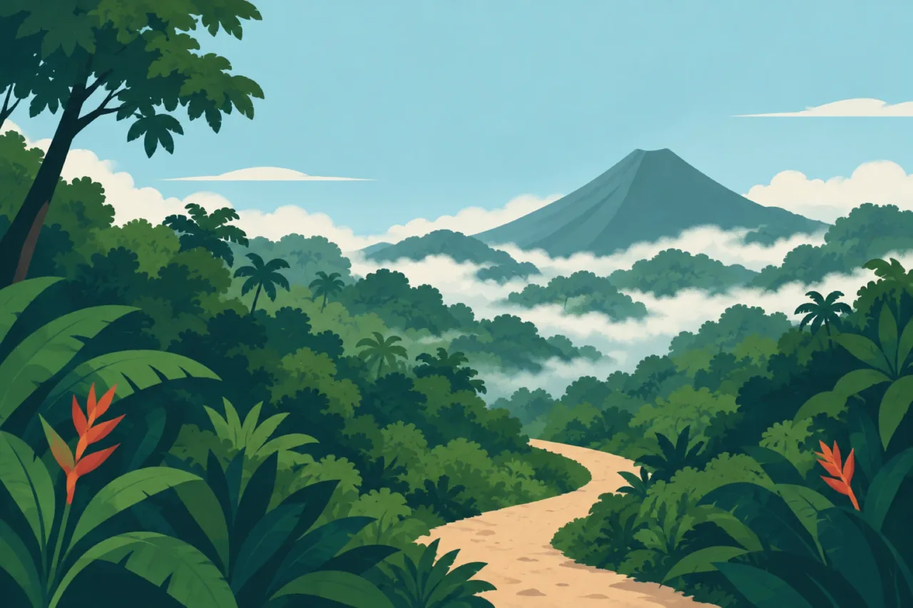 Illustration of a forest with a volcano behind