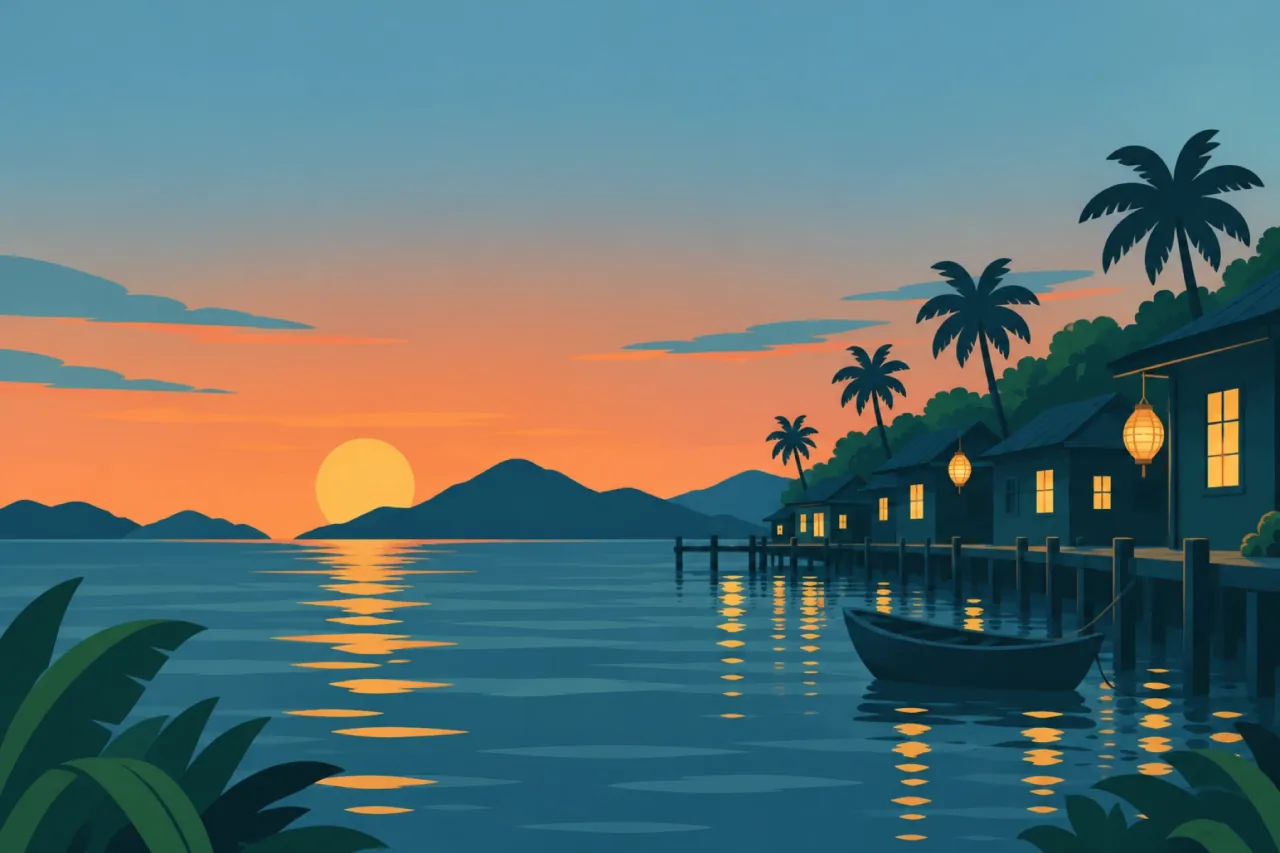 Illustration of a lit pier at dusk