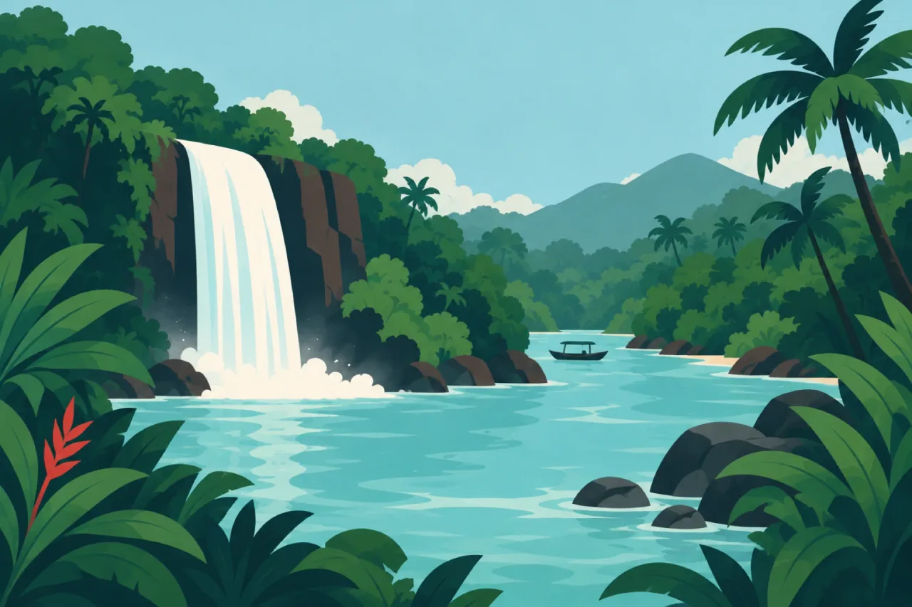 Illustration of a waterfall and a river