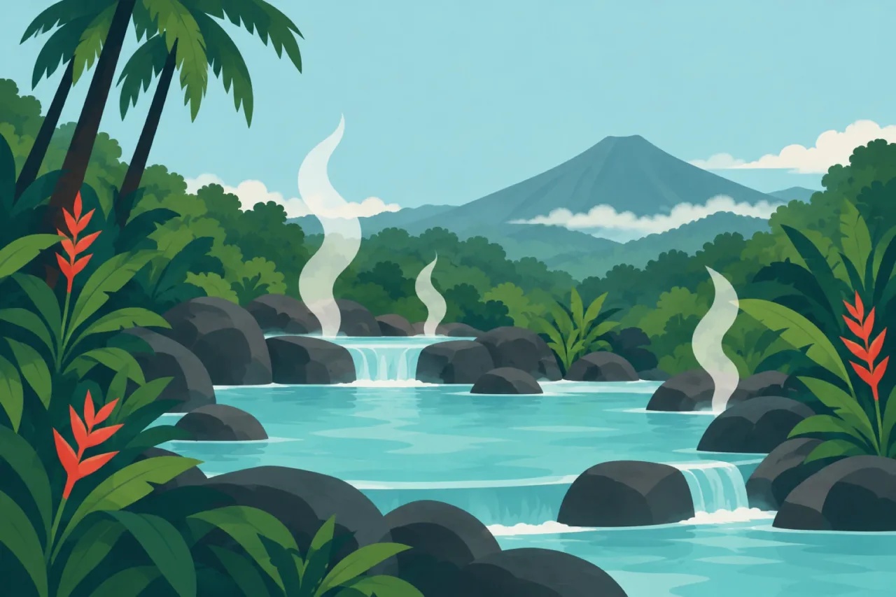Illustration of hot springs among rocks