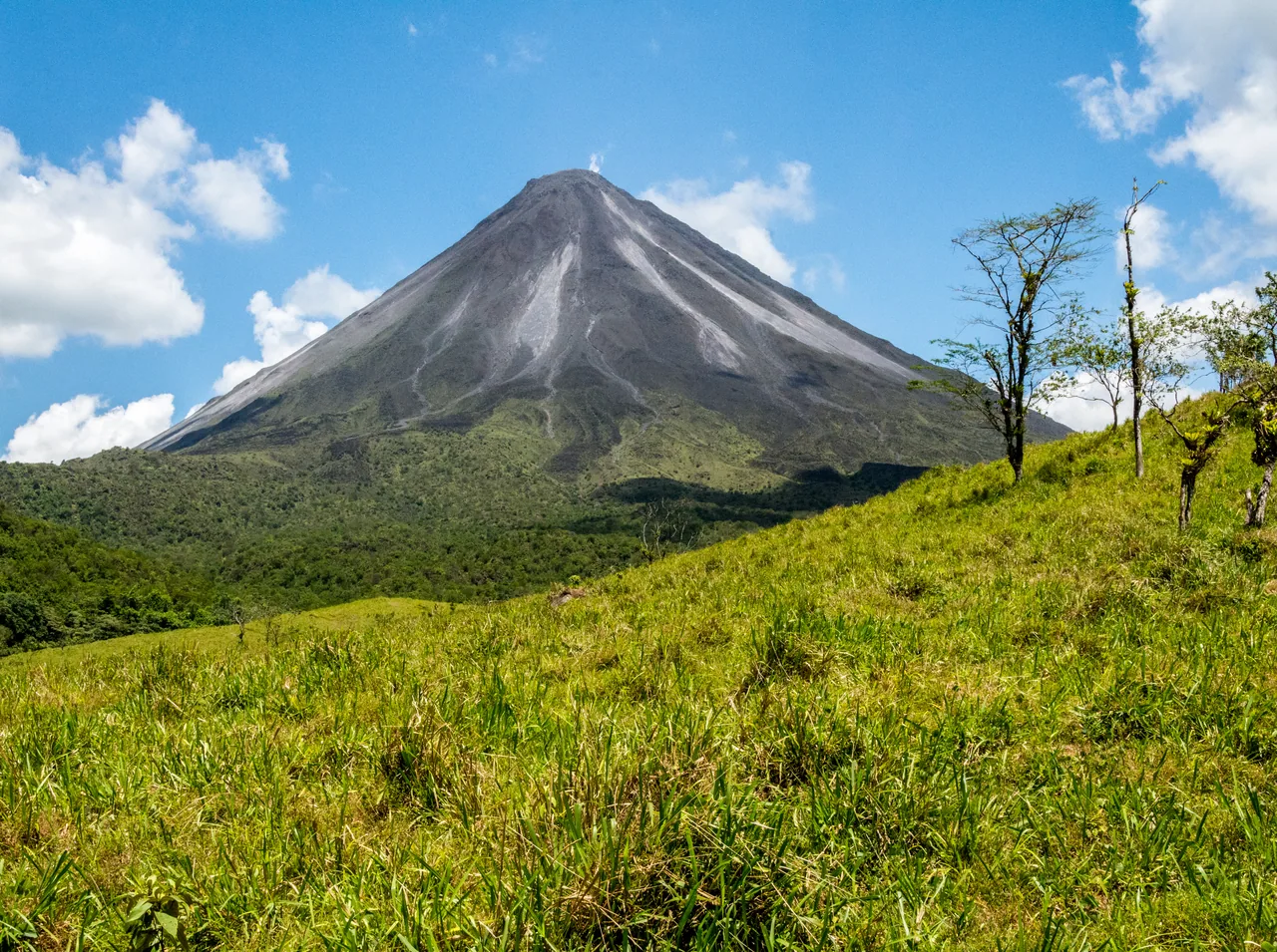 The cone of Arenal Volcano above a green meadow from the Arenal 1968 trails.
