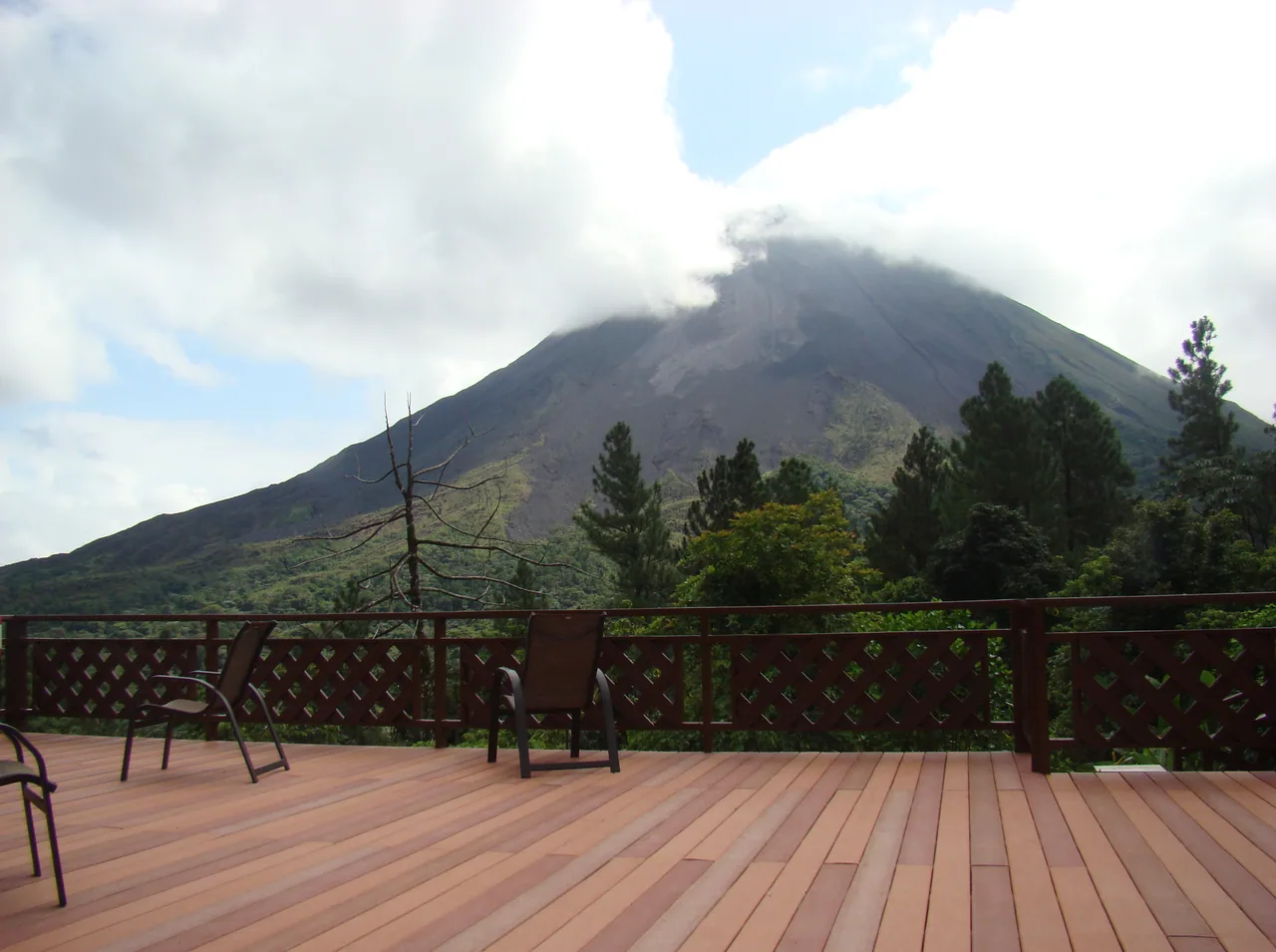 Arenal volcano seen from the terrace at Arenal Observatory Lodge.