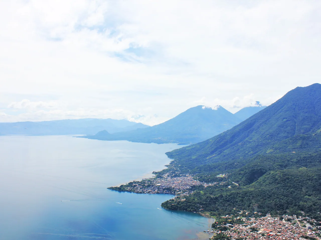 Lake Atitlán and its towns beneath the mountains, viewed from Rostro Maya.