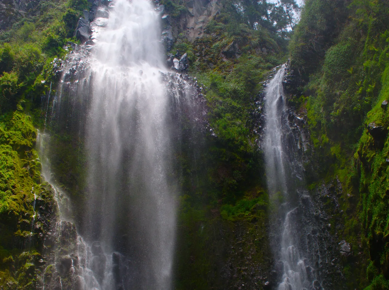 Two waterfalls down a vegetation-covered rock face at Cataratas Diamante.