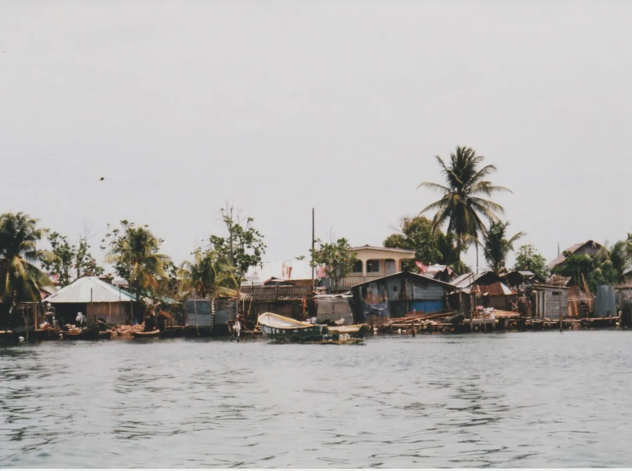 Houses, palm trees and small boats along the shore of Gardi Sugdub, viewed from the water.