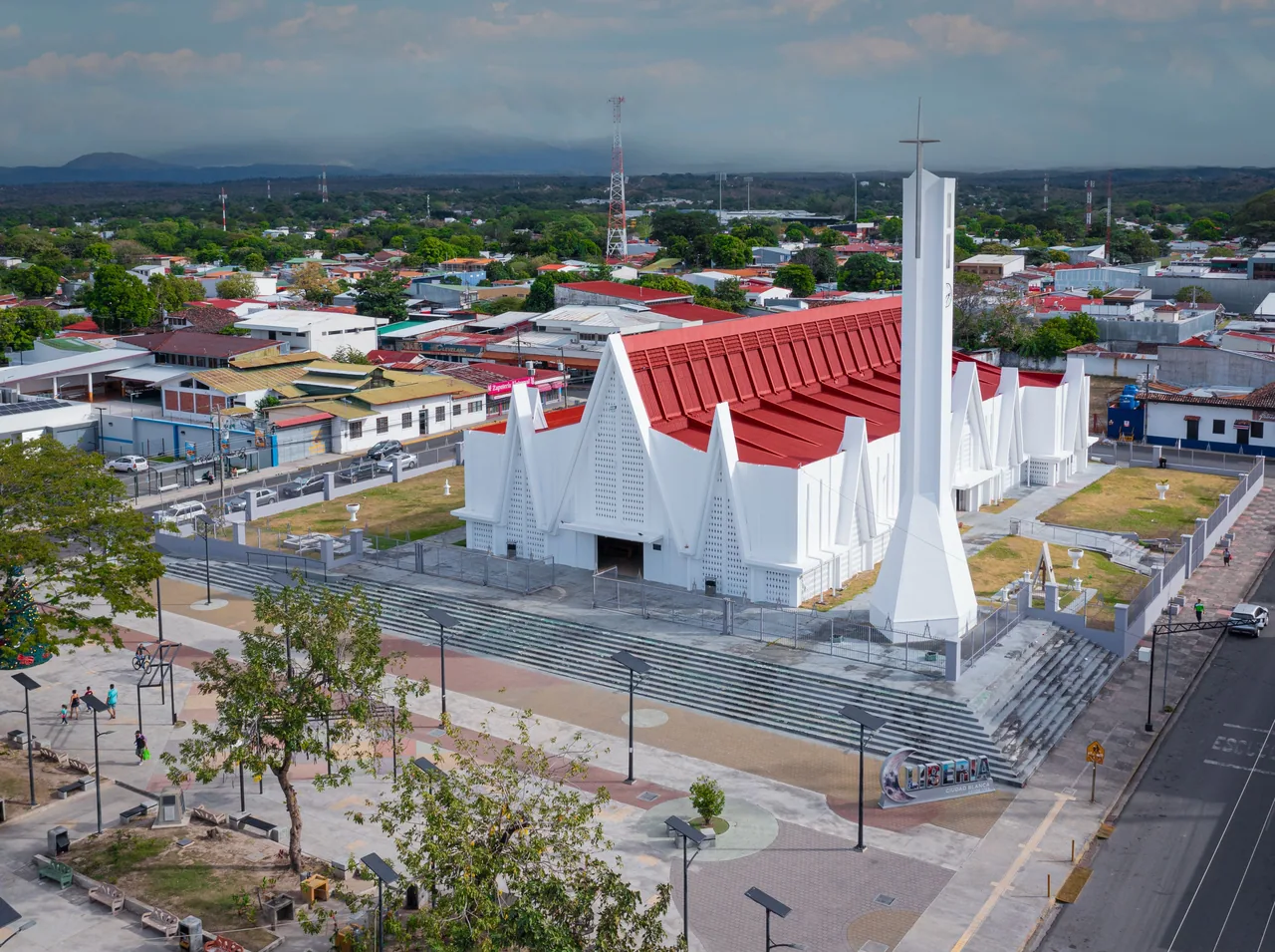 Aerial view of the church and central square in Liberia.