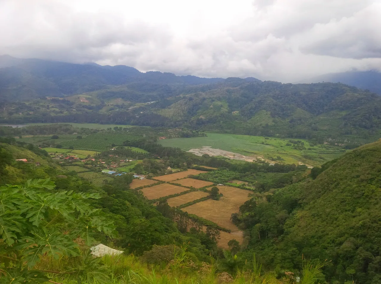 Fields and mountains in the valley from the Ujarrás viewpoint.