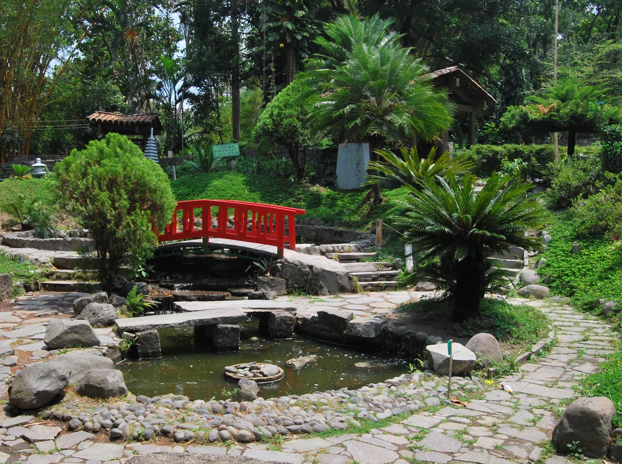 Red bridge and pond in the garden of Saburo Hirao Park.
