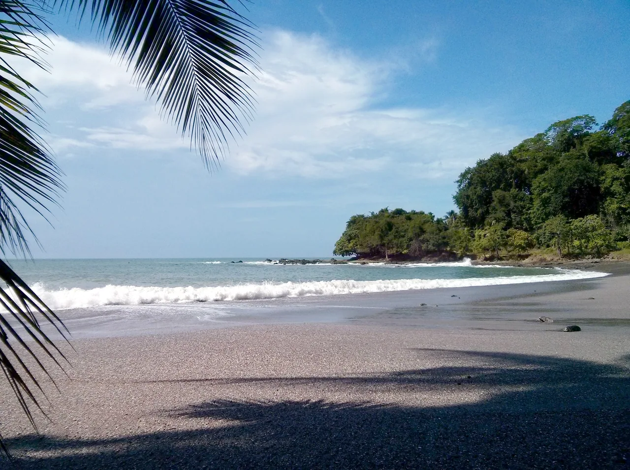 Montezuma Beach with waves and coastal vegetation.