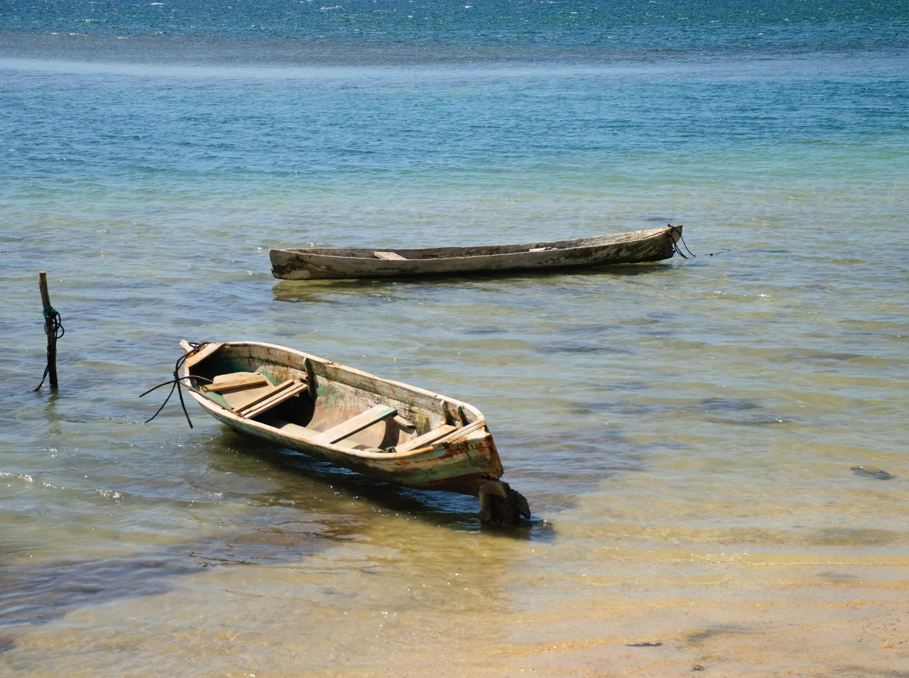 Dos canoas de madera en el agua poco profunda de Punta Gorda.