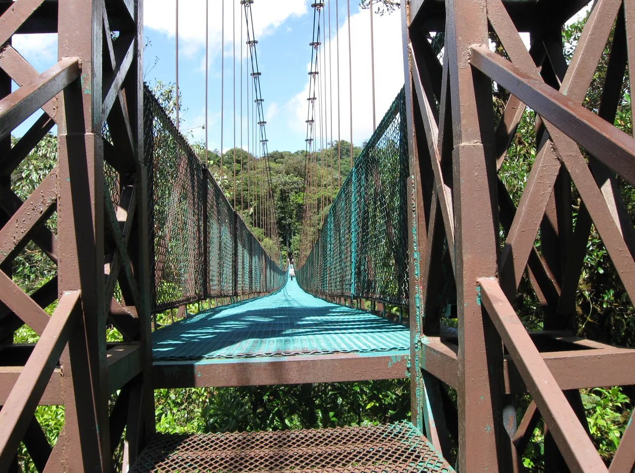 A hanging bridge with a turquoise deck in the Selvatura forest, with visitors in the distance.